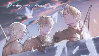 Rule 34 | 3boys, ahoge, america (hetalia), assault rifle, axis powers hetalia, backpack, bag, bandaid, bandaid on cheek, bandaid on face, beak, belt, bird, bird wings, blonde hair, blue eyes, blue sky, boat, breast pocket, brown belt, brown gloves, brown jacket, buttons, canada (hetalia), closed eyes, closed mouth, cloud, cloudy sky, collared jacket, dated, emblem, english text, evening, feathered wings, feathers, from behind, glasses, gloves, gradient sky, green eyes, grey-framed eyewear, gun, highres, jacket, long sleeves, looking afar, looking at viewer, male focus, military, military jacket, military uniform, multiple boys, on boat, outdoors, pink sky, pocket, rifle, semi-rimless eyewear, short hair, sky, united kingdom (hetalia), upper body, vampiryprpr, watercraft, weapon, weapon on back, wings