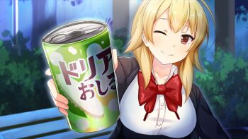 1girl ;) bench blonde_hair bow bowtie breasts closed_mouth day dot_nose game_cg hanao_akari holding large_breasts long_sleeves looking_at_viewer medium_hair moe!_ninja_girls official_art one_eye_closed outdoors red_bow red_bowtie red_eyes school_uniform shirt smile solo third-party_source white_shirt