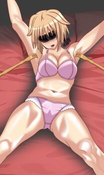 arms_up backscratcher bdsm bikini blindfold blonde_hair bondage bound bound_arms bra highres molestation panties pink_bikini pink_bra pink_panties poking restrained seikon_no_qwaser swimsuit teasing teresa_beria tickle_torture tickling tickling_armpits tickling_legs underwear underwear_only