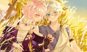 1boy 1girl bare_shoulders black_gloves blue_eyes blue_shirt blush book breasts coat commentary cyrene_(aedes_elysiae)_(honkai:_star_rail) cyrene_(honkai:_star_rail) dress fingerless_gloves gloves hair_ornament highres honkai:_star_rail honkai_(series) interlocked_fingers jewelry multicolored_hair necklace open_book outdoors phainon_(a_dream_scented_in_wheat)_(honkai:_star_rail) phainon_(honkai:_star_rail) pink_hair purple_coat shirt short_hair small_breasts smile sugarcoffeemilk sword two-tone_hair weapon wheat wheat_field white_dress white_hair wooden_sword