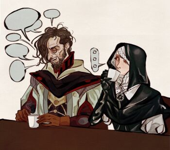 ... 1boy black_capelet black_gloves black_hood c0nniption capelet commentary cup dress drinking elbow_gloves elden_ring elden_ring_nightreign english_commentary facial_hair gloves hair_over_one_eye highres looking_at_another monocle nun one_eye_closed open_mouth puffy_sleeves red_eyes robe scholar_(elden_ring) simple_background sitting speech_bubble table tea undertaker_(elden_ring) upper_body white_coif white_dress white_robe