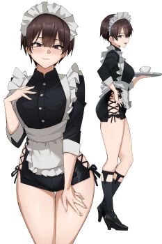 1girl absurdres apron black_shirt black_shorts black_socks brown_hair commentary cowboy_shot cross-laced_clothes cross-laced_shorts cup frilled_apron frills from_side full_body garter_straps hand_on_own_hip high_heels highres holding holding_tray kneehighs light_blush looking_at_viewer looking_to_the_side maid maid_apron maid_headdress mole mole_under_eye multiple_views original pen_guin15 purple_eyes shirt short_apron short_hair shorts side-tie_shorts simple_background socks solo_focus straight-on teacup tray unconventional_maid waist_apron white_apron white_background