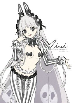 1girl alternate_costume animal_ears black_eyes black_nails blunt_bangs bow bowtie breasts collar commentary_request dot_nose fake_animal_ears fate/grand_order fate/strange_fake fate_(series) flower_ornament francesca_prelati_(fate) hand_on_own_face headdress highres juliet_sleeves long_hair long_sleeves looking_at_viewer multiple_hair_ribbons no_bra no_shirt pants pasties puffy_sleeves rabbit_ears ribbon ringed_eyes sharp_teeth shirt siiqa_vivi skull_print smile solo standing stomach_mouth striped_clothes striped_pants teeth twitter_username vertical-striped_clothes vertical-striped_pants white_background white_hair wrist_cuffs