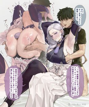 Rule 34 | 1boy, 1girl, armpits, arms up, black hair, black shirt, blush, braid, breasts, commentary request, earrings, elbow sleeve, eyeliner, faceless, faceless male, fate/grand order, fate (series), fujimaru ritsuka (male), hair over shoulder, hebi nyoubou (fate), hebi nyoubou (first ascension) (fate), hetero, highres, huge breasts, jewelry, kneeling, lactation, long hair, makeup, nipples, shirt, short hair, single braid, sitting, sleeveless, speech bubble, sweat, tassel, tonko from, translation request, white hair