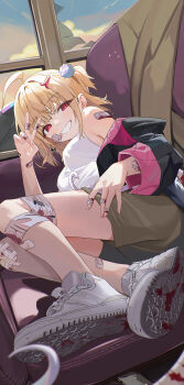 Rule 34 | 1girl, absurdres, ahoge, alternate costume, auguste, bandages, bandaid, bare shoulders, blonde hair, blood, bloody bandages, breasts, cissia (zenless zone zero), commentary request, hair ornament, highres, indoors, long hair, looking at viewer, red eyes, small breasts, smile, snake girl, snake tail, solo, tail, v, zenless zone zero