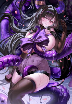 1girl absurdres azur_lane black_hair black_thighhighs bow breast_ribbon breasts brown_eyes bubble commentary covered_navel cowboy_shot drooling gloves heart heart-shaped_pupils highres long_hair looking_at_viewer multicolored_hair official_alternate_costume purple_bow queen_anne&#039;s_revenge_(azur_lane) queen_anne&#039;s_revenge_(call_of_the_creeping_embrace)_(azur_lane) see-through_clothes solo streaked_hair sweat symbol-shaped_pupils tansuan_(ensj3875) tentacles thighhighs