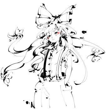 1girl baggy_pants bow closed_mouth commentary_request cropped_legs fujiwara_no_mokou hair_bow hands_in_pockets highres large_bow long_hair looking_at_viewer monochrome multiple_hair_bows pants simple_background solo spot_color standing sukunashi_negi suspenders torn_clothes torn_sleeves touhou