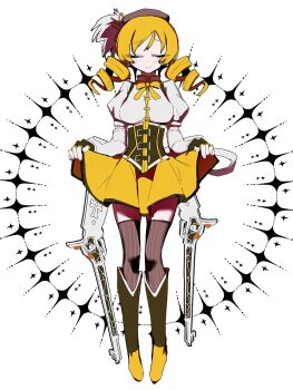 1girl black_gloves blonde_hair boots bow bowtie breasts brown_boots brown_hat brown_thighhighs closed_eyes closed_mouth detached_sleeves dot_nose drill_hair fingerless_gloves full_body gloves gun hashtag-only_commentary hat highres knee_boots long_hair long_sleeves magical_girl mahou_shoujo_madoka_magica mahou_shoujo_madoka_magica_(anime) medium_breasts omiyaro shirt short_sleeves simple_background skirt smile solo standing striped_clothes striped_thighhighs thighhighs tomoe_mami tomoe_mami_(magical_girl) twin_drills vertical-striped_clothes vertical-striped_thighhighs weapon white_background white_sleeves yellow_bow yellow_bowtie yellow_shirt yellow_skirt zettai_ryouiki