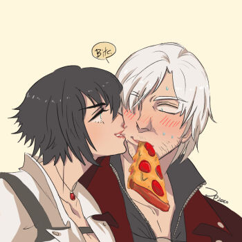 1boy 1girl beard_stubble biting biting_cheek black_hair blush dante_(devil_may_cry) devil_may_cry devil_may_cry_(series) devil_may_cry_4 facial_hair food jewelry jumpoon lady_(devil_may_cry) necklace pizza pizza_slice signature simple_background smile stubble white_hair