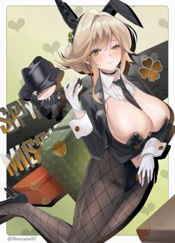 1boy 1girl absurdres ade_(agent_bunny)_(nikke) ade_(nikke) animal_ear_hairband animal_ears between_breasts black_jacket black_leotard black_necktie black_pantyhose black_shoes blonde_hair blush braid breasts bun_with_braided_base chibi chibi_inset closed_mouth clothing_cutout clover_hair_ornament commander_(nikke) commentary detached_collar earpiece eyewear_hang fake_animal_ears fishnet_pantyhose fishnets four-leaf_clover_hair_ornament glasses gloves goddess_of_victory:_nikke green_eyes hair_between_eyes hair_intakes hair_ornament hairband hand_up high_heels highleg highleg_leotard highres jacket large_breasts leotard long_sleeves looking_at_viewer navel navel_cutout necktie necktie_between_breasts official_alternate_costume pantyhose playboy_bunny rabbit_ear_hairband rabbit_ears shoes shouyou_(egcr8334) sidelocks strapless strapless_leotard suitcase swept_bangs twitter_username undersized_breast_cup uneven_eyes unworn_eyewear white_wrist_cuffs wrist_cuffs