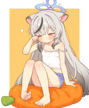 1girl animal_ear_fluff animal_ears barefoot black_hair blue_archive blue_halo blue_shorts blush breasts camisole carrot-shaped_pillow closed_mouth collarbone commentary dolphin_shorts full_body grey_hair halo knees_up kokona_(blue_archive) long_hair multicolored_hair onyhakase red_eyes short_shorts shorts simple_background sitting small_breasts soles solo squeans strap_slip streaked_hair tiger_ears tiger_girl toes very_long_hair white_camisole yellow_background