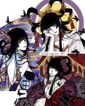 1girl black_butterfly black_hair blunt_bangs bug butterfly butterfly_hair_ornament closed_mouth commentary corset dress earrings eyelashes hair_bun hair_ornament half_updo head_rest highres holy_moly_true ichihara_yuuko insect japanese_clothes jewelry kimono korean_commentary long_hair looking_at_viewer multiple_views red_dress red_eyes smile twitter_username wide_sleeves xxxholic