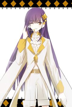 Rule 34 | 1boy, amulet dia, amulet dia (cosplay), androgynous, ascot, belt, brown belt, coat, cosplay, diamond hair ornament, fujisaki nagihiko, garlictang, headset, highres, long sleeves, male focus, one eye closed, orange eyes, purple hair, shirt, shugo chara!, white background, white coat, white shirt