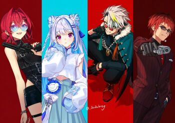 2boys 2girls aiming aiming_at_viewer ange_katrina ange_katrina_(7th_costume) aqua_cape aqua_skirt arm_cutout asymmetrical_bangs aubrey_(kyarairo) bead_bracelet bead_necklace beads belt black-framed_eyewear black_belt black_dress black_gloves black_pants black_shirt black_shorts blonde_hair blue-tinted_eyewear blue_background blue_bow blue_eyes blue_hair blush bow bracelet braid brown_background brown_eyes brown_hair brown_jacket brown_pants brown_suit bun_with_braided_base cape chain chain_bracelet china_dress chinese_clothes clothing_cutout colored_inner_hair column_lineup commentary_request crossed_bangs dice dice_earrings double-parted_bangs double_bun dress earrings eyeshadow facial_scar formal_clothes frown fur-trimmed_cape fur_trim glasses gloves gradient-tinted_eyewear grey_hair grin gun hair_between_eyes hair_bow hair_bun hair_intakes hair_ornament hand_in_pocket hand_on_own_face hand_up handgun high-waist_skirt holding holding_gun holding_weapon jacket jewelry lapels lize_helesta lize_helesta_(11th_costume) long_hair looking_at_viewer looking_over_eyewear makeup medallion midriff_peek mole mole_under_eye multicolored_hair multiple_belts multiple_boys multiple_girls nail_polish necklace necktie nijisanji open_mouth pants pince-nez pinstripe_jacket pinstripe_pants pinstripe_pattern pinstripe_suit pocket_square purple-tinted_eyewear purple_eyes red-tinted_eyewear red_background red_eyeshadow red_hair red_nails red_necktie red_pupils red_shoes revolver rimless_eyewear round_eyewear scar scar_on_cheek scar_on_face sharp_teeth shirt shoes short_hair shorts side_slit single_earring skirt sleeveless sleeveless_dress sleeves_past_fingers sleeves_past_wrists smile squatting streaked_hair suit tassel tassel_hair_ornament teeth tenkai_tsukasa thigh_strap tie_clip tinted_eyewear twitter_username two-tone_hair upper_teeth_only utai_meika very_long_hair virtual_youtuber weapon white_hair white_shirt x_hair_ornament