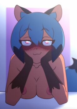 1girl black_hair blue_eyes blue_hair blush brand_new_animal breasts brown_fur furry furry_female highres kagemori_michiru looking_at_viewer medium_breasts multicolored_hair nipples pink_eyes racoon_girl racoon_tail tanquito_kun tanuki tanuki_ears