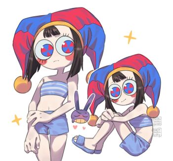 1boy 1girl ariamikukanzaki bandeau bare_shoulders black_hair blue_bandeau blue_eyes blue_sandals blue_shorts blush_stickers breasts chibi chibi_inset colored_teeth commentary hat hat_bell heart jax_(the_amazing_digital_circus) jester_cap multicolored_eyes navel pomni_(the_amazing_digital_circus) red_eyes sandals short_shorts shorts sitting small_breasts smile striped_bandeau striped_clothes striped_headwear symbol-only_commentary the_amazing_digital_circus two-tone_eyes vertical-striped_clothes vertical-striped_headwear yellow_teeth