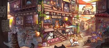 6+others absurdres animal animal_costume barrel basket beer_mug cat cat_costume city claw_(weapon) cup dog fish flower frog ghost hat highres knife mask mug multiple_others neytirix orb original outdoors oversized_animal patch potion racism rock scarf shield staff stairs sweatdrop sword weapon weapon_on_back witch_hat yarn yarn_ball