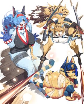 3girls absurdres animal_crossing animal_ears ankha_(animal_crossing) bandages barefoot black_shoes blonde_hair blue_eyes blue_hair blue_shorts body_fur breasts cat_ears cat_girl cat_tail character_request cleavage commentary copyright_request dual_wielding furry furry_female green_eyes hair_over_one_eye hand_on_own_hip highres holding large_breasts long_hair looking_at_viewer multiple_girls nintendo reallycute456 red_eyes shirt shoes shorts symbol-only_commentary tail waving white_shirt yellow_eyes yellow_fur zenless_zone_zero