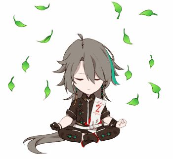 1boy ahoge animated animated_gif black_gloves black_pants black_shirt closed_eyes cloud_ya commentary_request earrings falling_leaves gloves grey_hair honkai_(series) honkai_impact_3rd indian_style jewelry leaf leaf_on_head long_hair male_focus meditation pants second-party_source shirt single_glove sitting solo su_(honkai_impact) very_long_hair