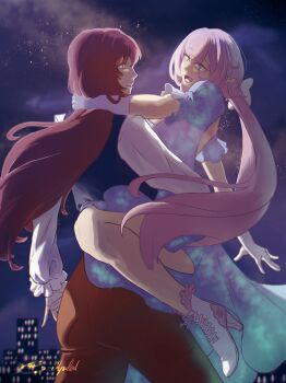 absurdres artist_name blue_dress blue_eyes blue_veil breasts brown_hair building carrying carrying_person commentary dress eden_(honkai_impact) elysia_(honkai_impact) english_commentary enihpiled gloves high_heels highres honkai_(series) honkai_impact_3rd large_breasts long_hair night pants pink_hair red_pants shirt sky skyscraper smile star_(sky) starry_sky veil very_long_hair white_gloves white_shirt yellow_eyes yuri