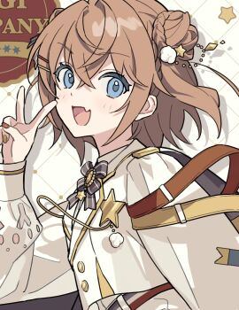 1girl blue_eyes brown_hair commission copyright_request crossed_bangs double_bun fang hair_bun hashtag-only_commentary highres long_sleeves looking_at_viewer medium_hair moo_n_moko skeb_commission skin_fang solo star_(symbol) star_ornament v yellow_nails