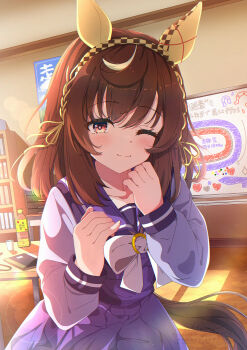 Rule 34 | 1girl, absurdres, animal ears, blush, bow, bowtie, braid, breasts, brown hair, buena vista (umamusume), checkered hairband, closed mouth, collarbone, commentary request, ear covers, hair between eyes, hairband, headband, highres, horse ears, horse girl, horse tail, indoors, long sleeves, looking at viewer, medium hair, one eye closed, pleated skirt, purple eyes, purple sailor collar, purple serafuku, purple shirt, purple skirt, sailor collar, sailor shirt, school uniform, serafuku, shirt, skirt, smile, solo, tail, tracen school uniform, umamusume, white bow, white bowtie, whiteboard, yukikawa juri
