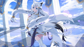 1girl ahoge animal_ear_fluff animal_ear_piercing animal_ears aqua_eyes banner black_tail blue_skirt blue_sky bodice braid cloud corset crown extra_ears feet_out_of_frame floating_crown four-leaf_clover_print fox_ears fox_girl fox_tail framed_breasts frilled_shrug gold_crown gold_wrist_cuffs highres hololive indoors long_hair long_sleeves looking_at_viewer mini_crown mira_bluesky3 multicolored_tail official_alternate_costume pentagram perspective pillar puffy_sleeves ribbed_thighhighs shirakami_fubuki shirakami_fubuki_(saint) shirt shrug_(clothing) sidelocks skirt sky solo tail thighhighs virtual_youtuber white_corset white_hair white_shirt white_tail white_thighhighs
