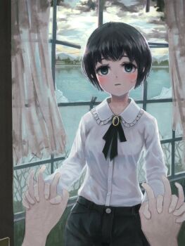 Rule 34 | 1girl, 1other, against window, architecture, bare tree, black hair, black pants, black ribbon, blue eyes, blush, bow, bowtie, broken glass, broken window, buttons, cloud, cloudy sky, collared shirt, cowboy shot, curtains, dim lighting, door, expressionless, forest, glass, highres, holding hands, indoors, lace-trimmed collar, lace trim, lake, light blush, long sleeves, looking at viewer, mountain, mountainous horizon, nature, okura lino, open hands, original, outdoors, pants, parted lips, pov, pov hands, ribbon, ruins, scenery, see-through curtains, shirt, short hair, sky, solo focus, sunset, tree, village, water, white shirt, window