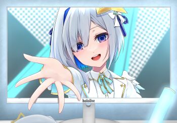 1girl :d amane_kanata angel angel_wings asymmetrical_bangs asymmetrical_hair blue_eyes blue_hair blush bob_cut bow colored_inner_hair feathered_wings glowstick grey_hair hair_ornament hair_over_one_eye halo highres holding holding_glowstick hololive hololive_idol_uniform_(origin) idol idol_clothes jacket long_sleeves looking_at_viewer multicolored_hair official_alternate_costume open_mouth penlight_(glowstick) pov purple_eyes reaching reaching_towards_viewer ribbon rike_111 screen shirt short_hair single_hair_intake smile solo star_halo streaked_hair teeth through_medium through_screen upper_body upper_teeth_only virtual_youtuber white_jacket white_shirt white_wings wings