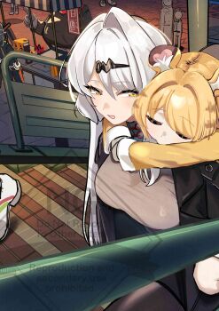 2girls 6+others absurdres alternate_costume animal_ear_fluff animal_ears arms_around_neck black_jacket blonde_hair breasts carrying closed_eyes commentary dondobi grey_shirt hair_intakes hair_ornament hairpin half-closed_eyes highres jacket ju_fufu large_breasts long_hair looking_at_another multiple_girls multiple_others open_clothes open_mouth outdoors piggyback shirt single_hair_intake stairs striped_fur striped_hair taut_clothes taut_shirt tiger_ears tiger_girl tiger_stripes tin_master_(zenless_zone_zero) unfinished watermark white_hair yellow_eyes yellow_jacket yixuan_(zenless_zone_zero) zenless_zone_zero