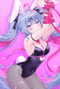1girl ahoge animal_ears arms_up bare_shoulders black_leotard blue_eyes blue_hair blush bound bound_wrists breasts closed_mouth clothing_cutout commentary cowboy_shot fake_animal_ears fishnet_pantyhose fishnets grey_pantyhose hair_ornament hatsune_miku heart_cutout highres leotard long_hair looking_at_viewer medium_breasts pantyhose pink_background pink_ribbon playboy_bunny rabbit_ears rabbit_hole_(vocaloid) ribbon shano_hiyori solo strapless strapless_leotard teardrop_facial_mark twintails vocaloid x_hair_ornament
