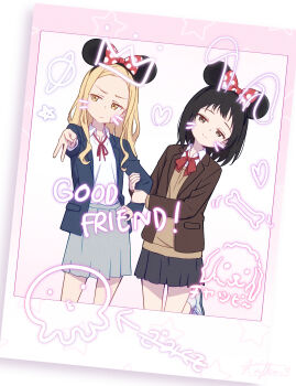 1girl 2girls absurdres black_hair black_skirt blonde_hair blue_jacket bow bowtie brown_jacket collared_shirt commentary_request drawn_ears drawn_heart drawn_star drawn_whiskers friends green_eyes grey_skirt hair_bow headband highres holding_another&#039;s_arm jacket kafka963 kirarazaka_marina kuze_shizuka looking_at_viewer looking_to_the_side medium_hair miniskirt multiple_girls neck_ribbon polka_dot polka_dot_bow purikura red_bow red_bowtie red_ribbon ribbon school_uniform shirt shirt_tucked_in shoes skirt socks standing standing_on_one_leg takopii takopii_no_genzai tsundere v vest white_socks yellow_eyes yellow_vest