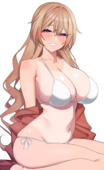 1girl absurdres bikini breasts brown_hair clenched_teeth clothes_pull collarbone grin hair_between_eyes hair_ornament hairclip highres konoe_kanata large_breasts long_hair looking_at_viewer love_live! love_live!_nijigasaki_high_school_idol_club nasuno_(nasuno42) navel one-piece_tan purple_eyes red_shirt shirt shirt_pull simple_background sitting smile solo swimsuit tan tanline teeth wariza white_background white_bikini