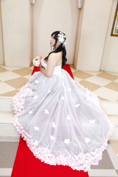 1girl asian black_hair breasts bride chouzuki_maryou cleavage dress highres lipstick makeup photo_(medium) plump solo wedding_dress