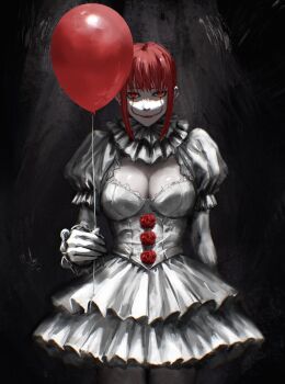 1girl balloon breasts cleavage closed_mouth clown cosplay dress expressionless flower gloves highres holding holding_balloon holding_string it_(stephen_king) large_breasts layered_dress long_sleeves looking_at_viewer makeup makima_(chainsaw_man) medium_hair neck_ruff pale_skin pennywise pennywise_(cosplay) puffy_sleeves raberu_ruru red_eyes red_flower red_hair red_rose rose sidelocks solo string white_dress white_gloves