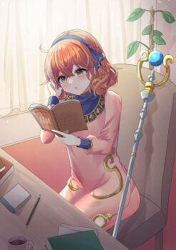 1girl book chair commission curtains dress fire_emblem fire_emblem_echoes:_shadows_of_valentia genny_(fire_emblem) tucking_hair highres holding holding_book kisara_keyy long_sleeves nintendo orange_eyes orange_hair pink_dress reading short_hair sitting skeb_commission solo staff table