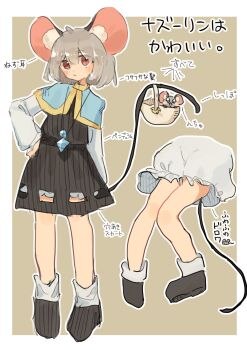 1girl animal_ears basket black_shoes bloomers blue_capelet blush capelet closed_mouth commentary_request edamanecha grey_hair hand_on_own_hip highres holding holding_with_tail jewelry long_sleeves looking_at_viewer mouse_(animal) mouse_ears mouse_girl mouse_tail nazrin outline pendant pointing_out_the_details prehensile_tail red_eyes shoes socks solo tail touhou translation_request underwear white_bloomers white_outline white_socks