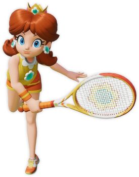 Rule 34 | 1girl, bare shoulders, blue eyes, brooch, brown hair, crown, earrings, flower earrings, full body, jewelry, legs, looking at viewer, mario (series), mario tennis, mario tennis fever, nintendo, official art, princess daisy, racket, shorts, smile, sports shorts, tennis, tennis racket