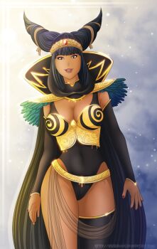 armor belt black_cape black_hair black_leotard black_thighhighs breastplate breasts cape cleavage cosplay gem gold_belt jewelry kyouryuu_sentai_zyuranger leotard lipstick looking_at_viewer makeup medium_breasts power_rangers red_nails shadako26 shoulder_armor smile super_sentai thighhighs turtleneck underbust witch_bandora witch_bandora_(cosplay)