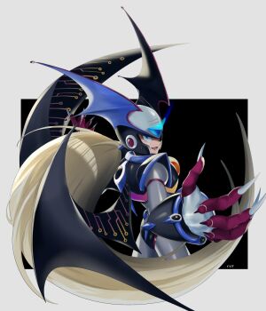 1boy absolute_zero_(mega_man) armor bat_wings black_armor black_helmet black_wings blonde_hair blue_eyes chest_jewel commentary_request cowboy_shot forehead_jewel from_behind helmet highres long_hair mega_man_(series) mega_man_x:_command_mission mega_man_x_(series) olf_megaman solo winged_helmet wings zero_(mega_man)