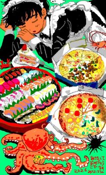 1girl apron black_hair closed_eyes commentary food long_sleeves maid maid_apron maid_headdress male_focus minahamu original solo symbol-only_commentary