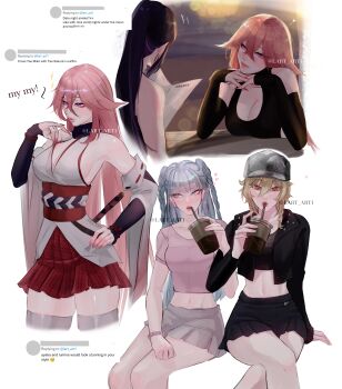 4girls absurdres animal_ears armlet ayaka_(genshin_impact) bare_shoulders black_choker black_dress black_hair black_jacket black_sleeves braid breasts choker cleavage commentary cosplay cup dress drinking english_commentary genshin_impact grey_skirt highres holding holding_menu honkai_(series) honkai_impact_3rd jacket japanese_clothes jewelry lart_art1 long_hair long_sleeves lumine_(genshin_impact) menu multiple_girls multiple_views navel pink_shirt raiden_shogun red_skirt shirt skirt thighs tweet yae_miko yae_sakura yae_sakura_(cosplay)