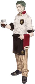 1boy apron atelier_(series) atelier_sophie bow bowtie coffee_pot employee_uniform facial_hair green_hair horst_basler male_focus monocle mustache official_art simple_background solo waiter white_background yuugen