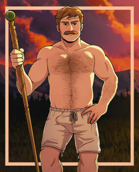 1boy bara belly boxers brown_hair bulge cloud coldsalz commentary dusk english_commentary facial_hair fire_emblem fire_emblem:_the_sacred_stones hand_on_own_hip highres holding holding_staff looking_at_viewer male_focus male_underwear moulder_(fire_emblem) mustache navel nintendo nipples orange_sky pectorals plump shorts sky sparse_arm_hair sparse_chest_hair sparse_leg_hair sparse_navel_hair staff topless_male underwear white_shorts