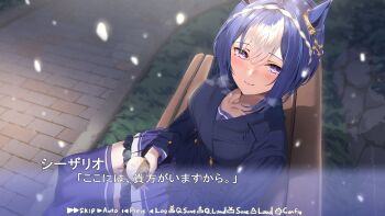 1girl animal_ears bench blue_coat blue_hair blush braid breasts buttons cesario_(umamusume) closed_mouth coat collarbone commentary_request crown_braid double-breasted food hair_between_eyes highres holding holding_food horse_ears horse_girl kagari_liroi large_breasts looking_at_viewer medium_breasts multicolored_hair on_bench outdoors purple_eyes purple_sailor_collar purple_serafuku purple_shirt purple_skirt purple_thighhighs sailor_collar sailor_shirt school_uniform serafuku shirt short_hair sitting skirt smile snowing steamed_bun thighhighs tracen_school_uniform tracen_winter_coat umamusume visual_novel walkway white_hair winter_clothes winter_coat winter_uniform