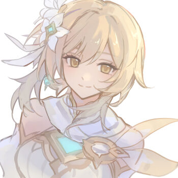 Rule 34 | 1girl, bare shoulders, blonde hair, closed mouth, commentary request, dress, earrings, flower, genshin impact, hair flower, hair ornament, hatoretasu, highres, jewelry, looking at viewer, lumine (genshin impact), short hair with long locks, simple background, single earring, smile, solo, upper body, white background, white dress, white flower, yellow eyes