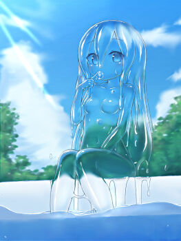 1girl breasts curss eating female_focus highres ice ice_cube liquid long_hair looking_at_viewer monster_girl navel original pool poolside see-through_body sitting sky slime_(substance) slime_girl small_breasts soaking_feet solo water