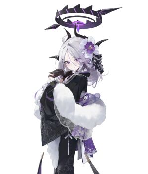 1girl ahoge alternate_costume alternate_hairstyle back_bow black_gloves black_halo black_horns black_kimono blue_archive blush bow chinese_commentary closed_mouth commentary_request cowboy_shot curled_horns demon_horns eyes_visible_through_hair floral_print floral_print_kimono flower from_side fur_shawl furisode gloves hair_between_eyes hair_flower hair_ornament hair_over_one_eye hairpin halo hands_up hina_(blue_archive) horns japanese_clothes kanzashi kimono lace lace-trimmed_shawl lace_gloves lace_trim long_hair long_hair_between_eyes long_sleeves looking_at_viewer modare obijime parted_bangs print_kimono purple_bow purple_flower purple_hair purple_halo shawl simple_background smile solo spiked_halo tsumami_kanzashi turning_head white_background white_hair wide_sleeves