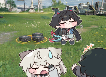 Rule 34 | +++, 1other, 2girls, :>, ahoge, animal ears, arknights, arknights: endfield, beleullin, black hair, chen qianyu (arknights), chibi, chibi only, closed eyes, commentary, dragon girl, dragon horns, dragon tail, endministrator (arknights), eye mask, gloves, grey hair, hands on own hips, highres, horns, korean commentary, long hair, long sleeves, mask, multiple girls, nervous sweating, perlica (arknights), sweat, tail, thumbs up