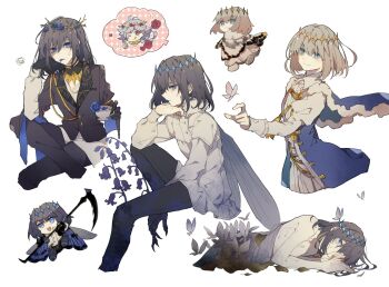 &gt;_o 2boys :3 ;q black_gloves black_hair black_jacket black_pants blue_cape blue_coat blue_eyes blue_flower blue_rose brown_hair bug butterfly buttons cape chibi chinese_commentary closed_mouth coat commentary_request decay fang fate/grand_order fate_(series) flower flower_wreath frilled_cuffs fur-trimmed_cape fur_trim gloves grey_hair head_wreath highres holding holding_scythe insect insect_wings jacket lapels layered_sleeves long_sleeves looking_back male_focus medium_hair merlin_(overnight_dream)_(fate) multiple_boys oberon_(fate) oberon_(first_ascension)_(fate) oberon_(overnight_dream)_(fate) oberon_(second_ascension)_(fate) oberon_(third_ascension)_(fate) one_eye_closed open_clothes open_coat open_mouth pants red_eyes red_flower red_rose rose scythe shirt short_over_long_sleeves short_sleeves sitting smile tongue tongue_out white_shirt wings yuezhuanlang